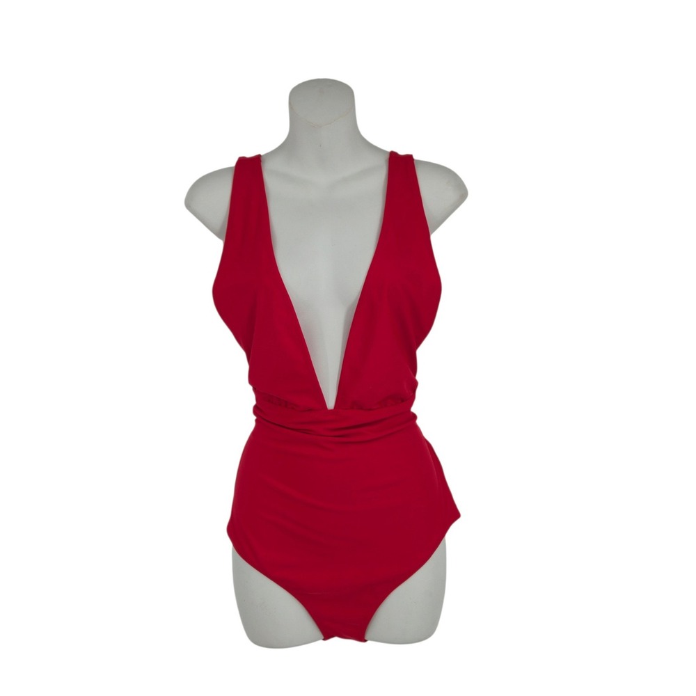 Aerie One Piece Swimsuit L Long Red Deep V Neck Tie Back Full Coverage Vacation